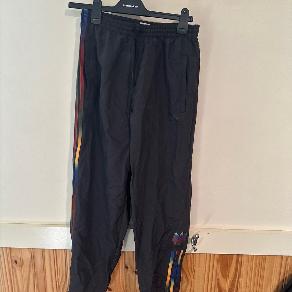 Adidas Black Joggers with Rainbow Stripes